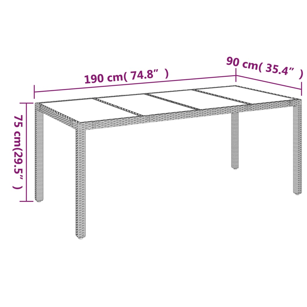 Tuintafel met glazen blad 190x90x75 cm poly rattan zwart