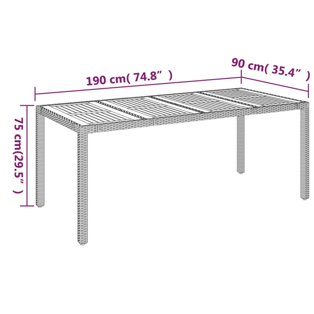 Tuintafel met houten blad 190x90x75 cm poly rattan grijs