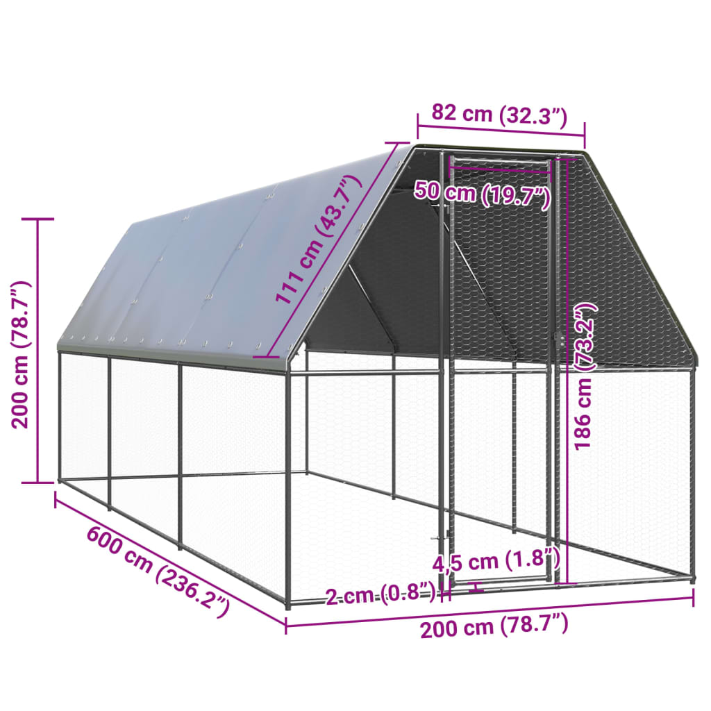 Buitenhok voor kippen 2x6x2 m gegalvaniseerd staal