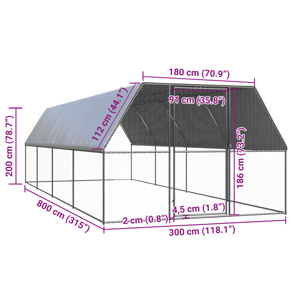 Buitenhok voor kippen 3x8x2 m gegalvaniseerd staal