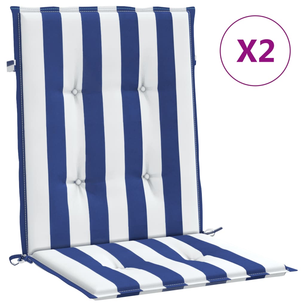 Stoelkussens 2 st lage rug gestreept stof wit en blauw - AllerleiShop