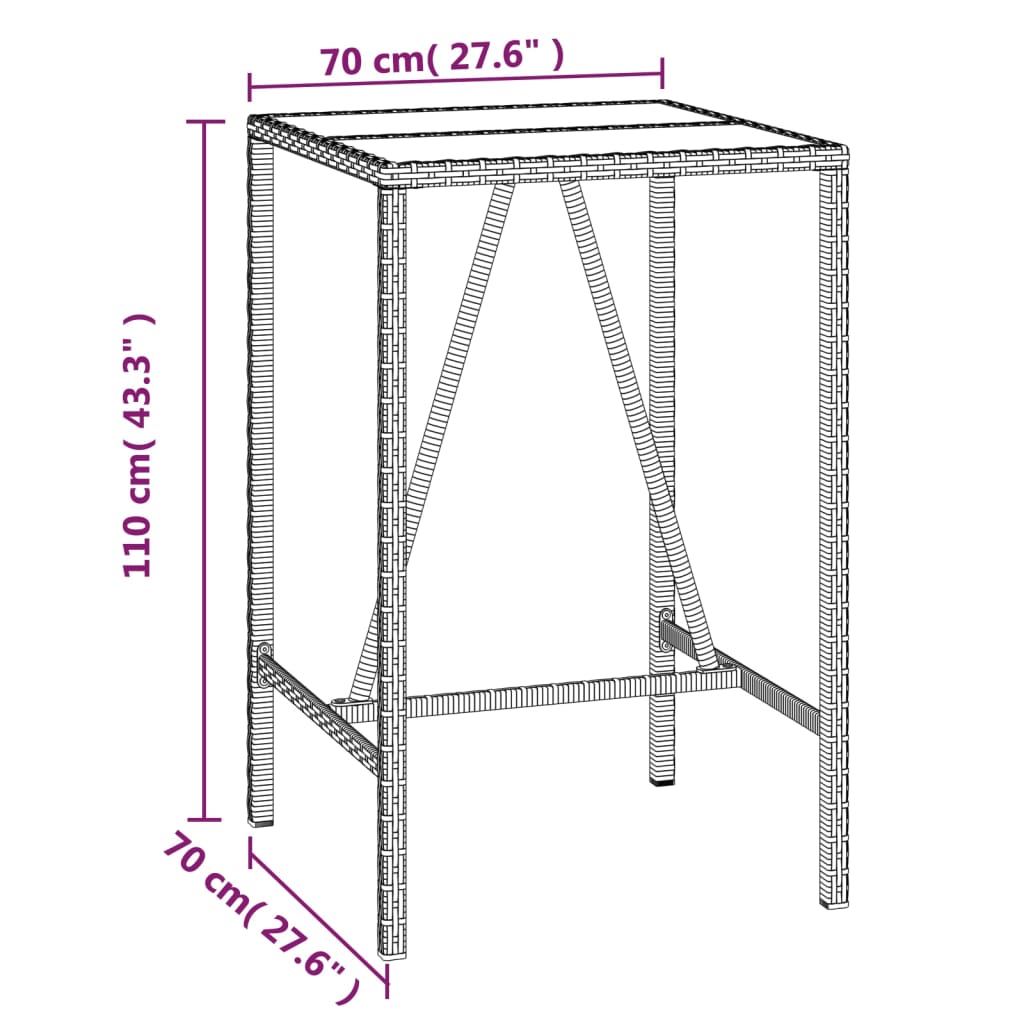 Bartafel met glazen blad 70x70x110 cm poly rattan zwart - AllerleiShop