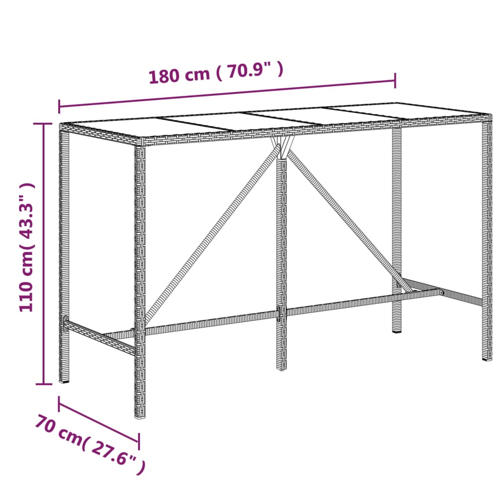 Bartafel met glazen blad 180x70x110 cm poly rattan bruin - AllerleiShop