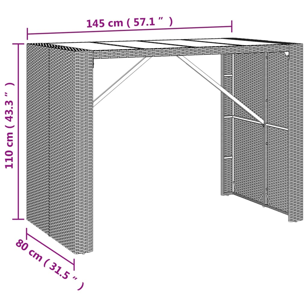 Bartafel met glazen blad 145x80x110 cm poly rattan bruin - AllerleiShop