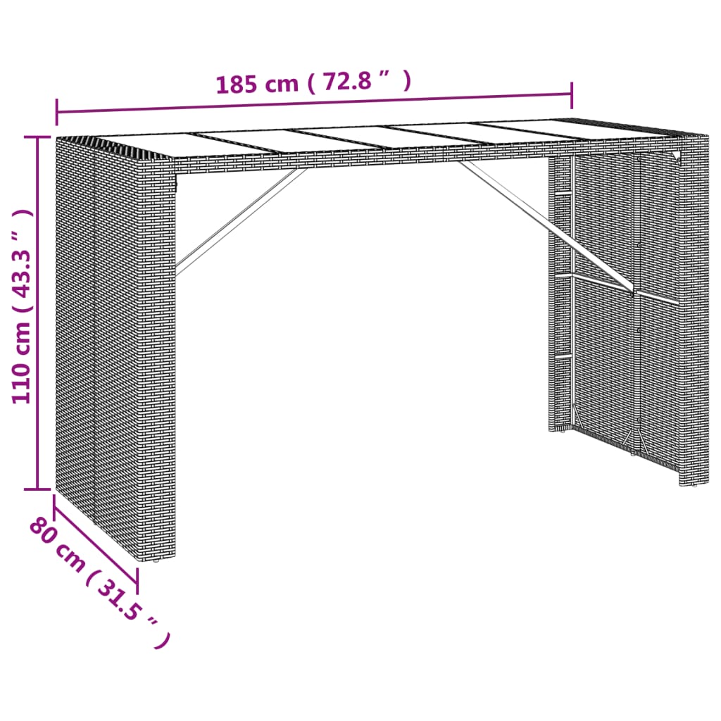 Bartafel met glazen blad 185x80x110 cm poly rattan bruin - AllerleiShop