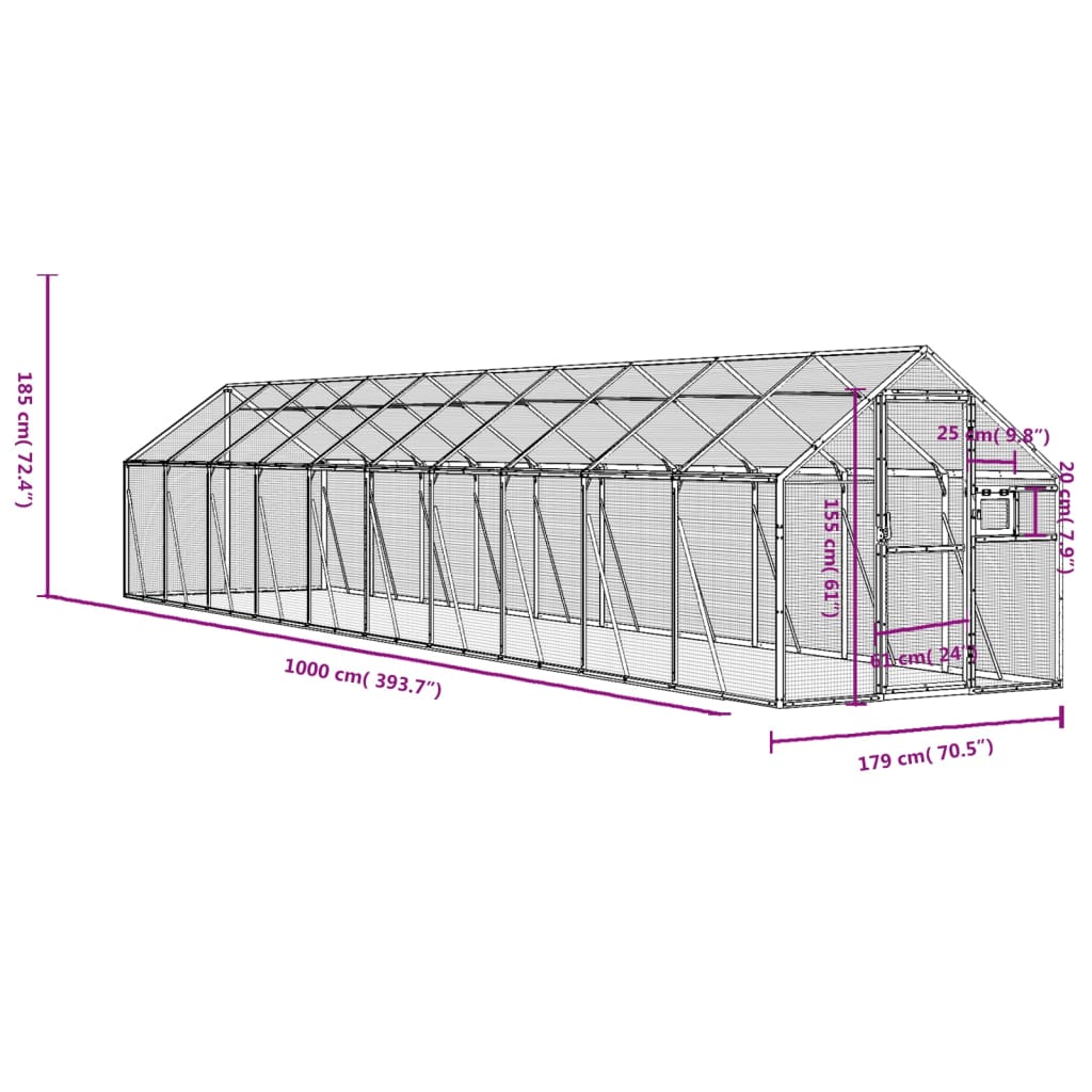 Volière 1,79x10x1,85 m aluminium zilverkleurig