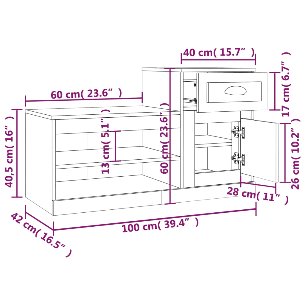 Schoenenkast 100x42x60 cm bewerkt hout gerookt eikenkleurig - AllerleiShop