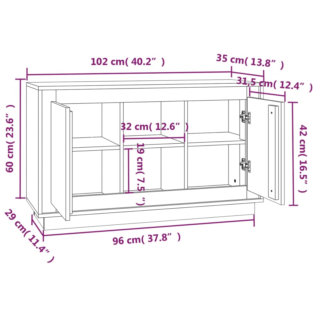 Dressoir 102x35x60 cm bewerkt hout wit