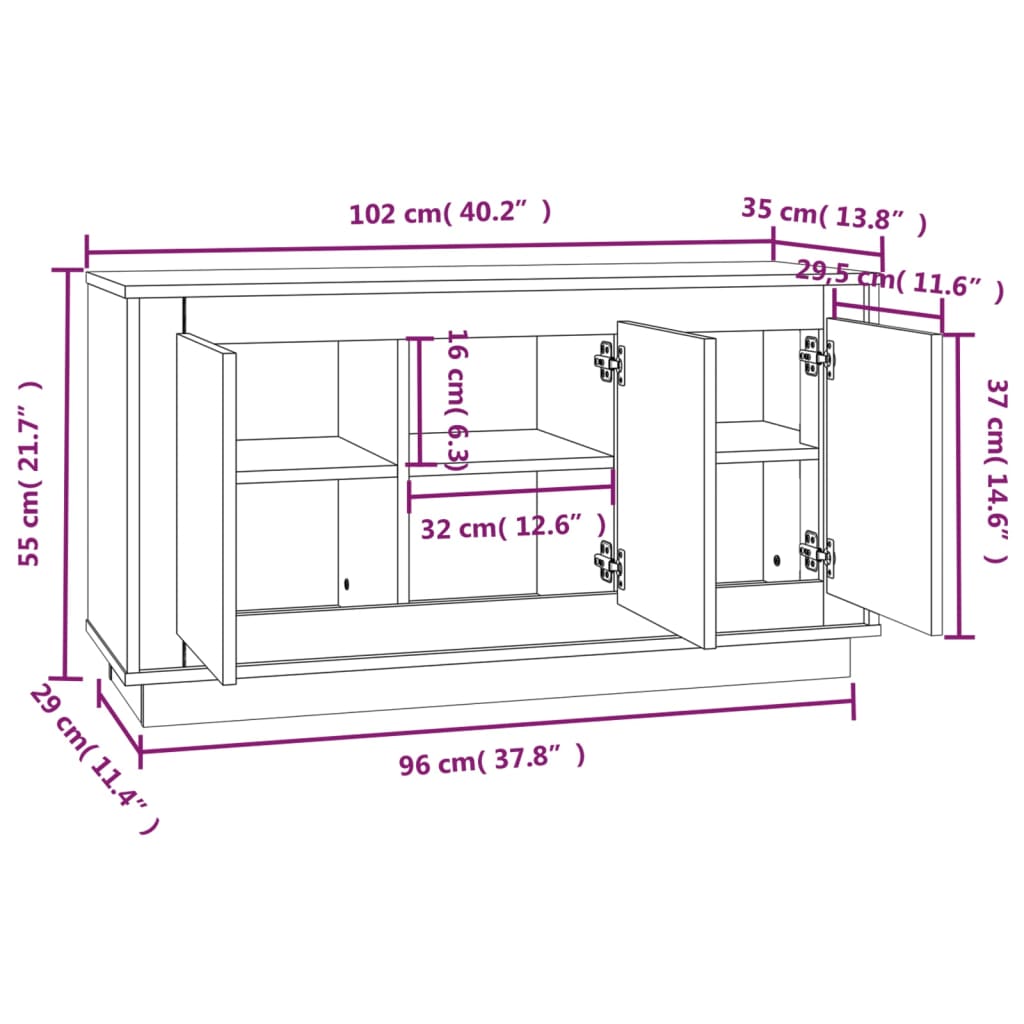 Dressoir 102x35x55 cm bewerkt hout hoogglans wit