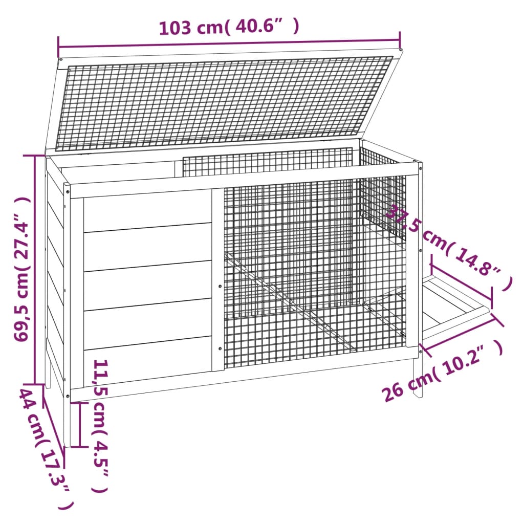 Konijnenhok 103x44x69,5 cm massief grenenhout bruin