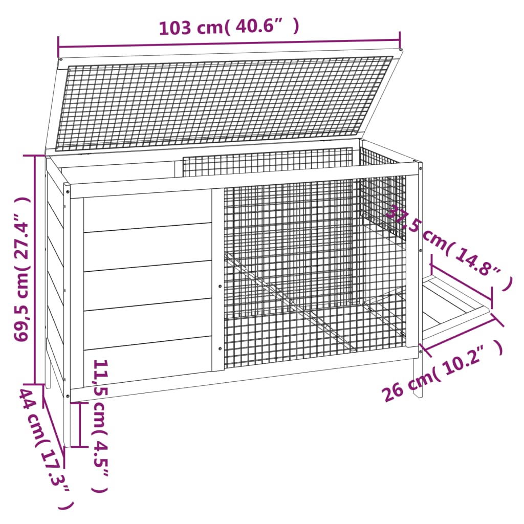 Konijnenhok 103x44x69,5 cm massief grenenhout mokkakleurig