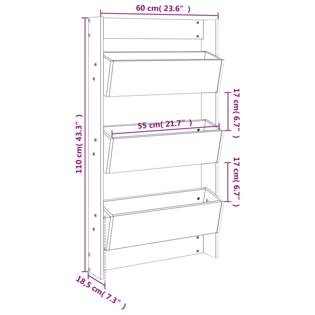 Plantenbak wandmontage 3-laags 60x18,5x110 cm grenenhout