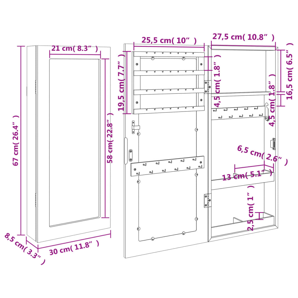 Sieradenkast met spiegel wandgemonteerd 30x8,5x67 cm wit - AllerleiShop