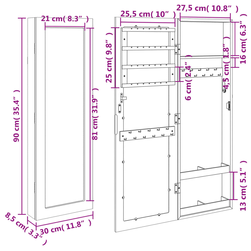 Sieradenkast met spiegel wandgemonteerd 30x8,5x90 cm zwart - AllerleiShop