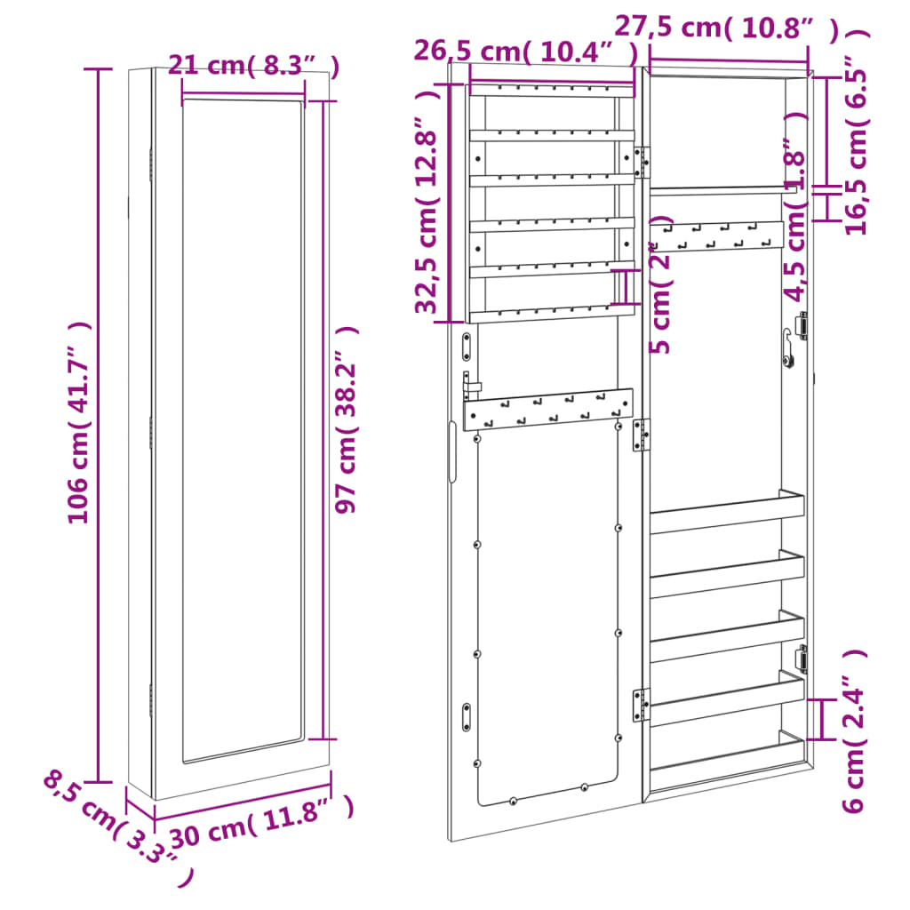 Sieradenkast met spiegel wandgemonteerd 30x8,5x106 cm wit - AllerleiShop