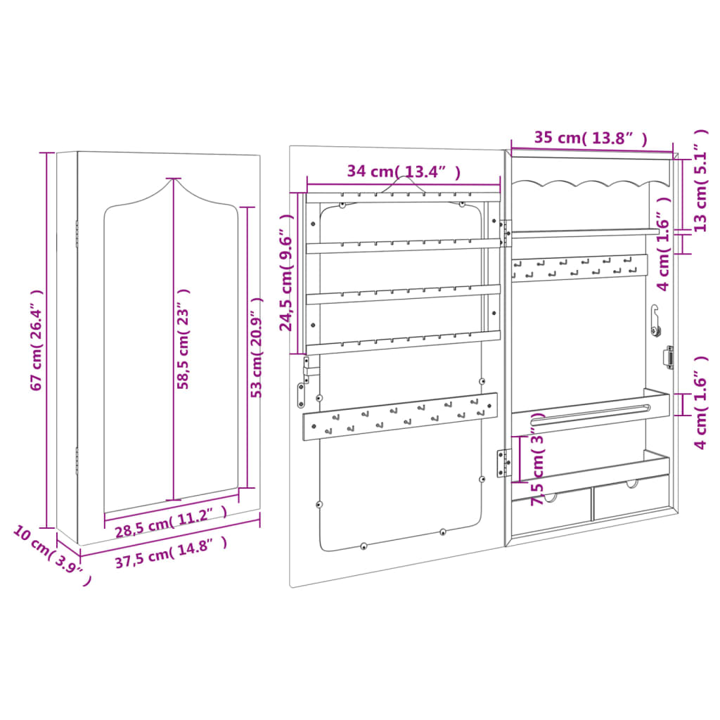 Sieradenkast met spiegel wandgemonteerd 37,5x10x67 cm wit - AllerleiShop