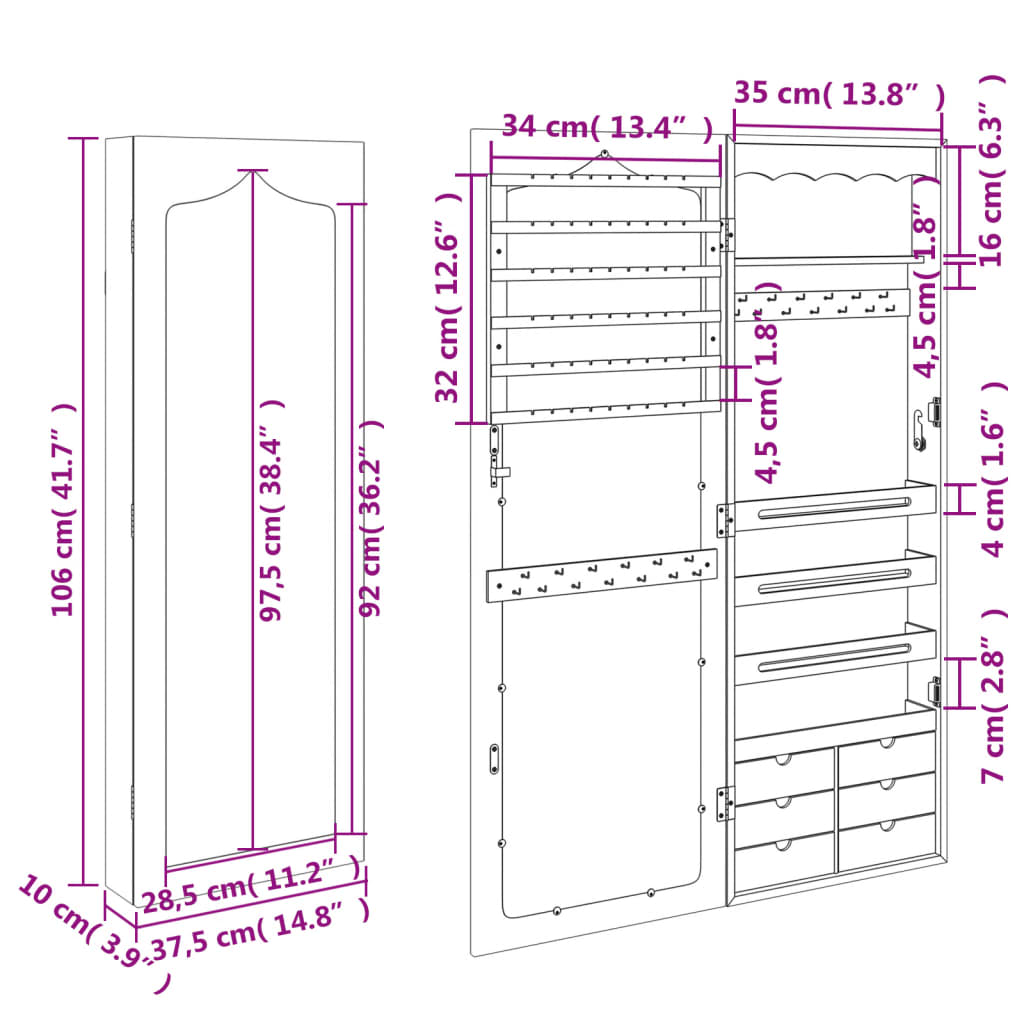 Sieradenkast met spiegel wandgemonteerd 37,5x10x106 cm wit - AllerleiShop