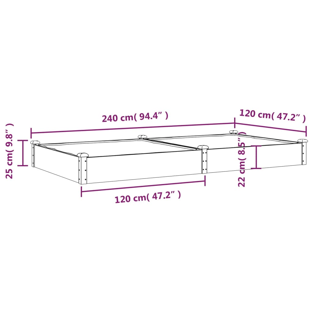 Plantenbak verhoogd met voering 240x120x25 cm massief vurenhout - AllerleiShop