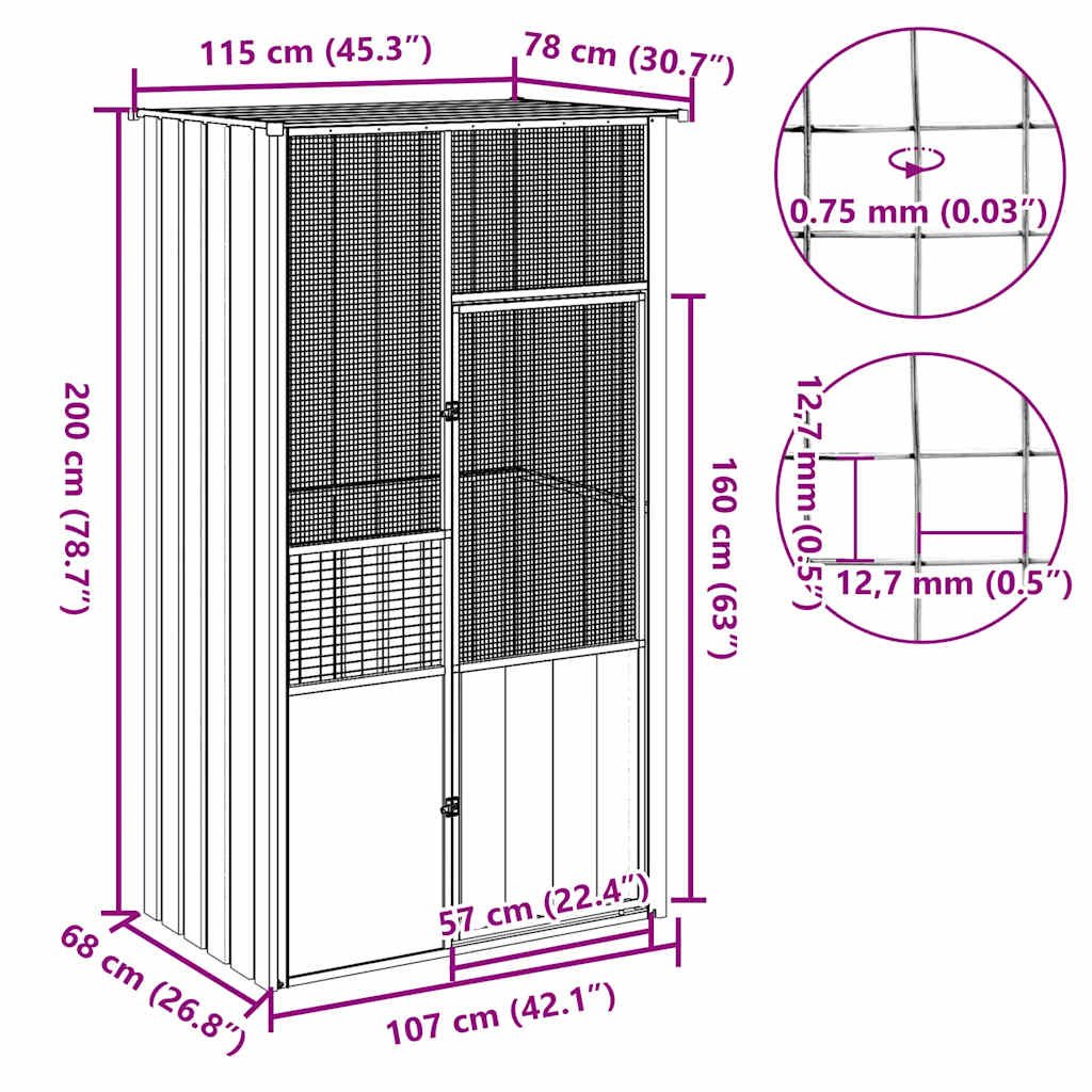 Vogelkooi 115x78x200 cm gegalvaniseerd staal antracietkleur