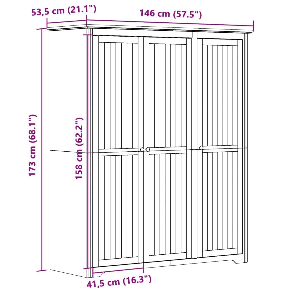 Kledingkast BODO 146x53,5x173 cm massief grenenhout wit - AllerleiShop