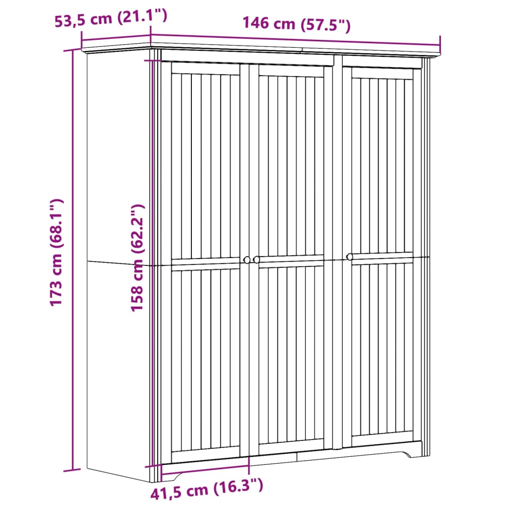 Kledingkast BODO 146x53,5x173 cm massief grenenhout wit bruin - AllerleiShop