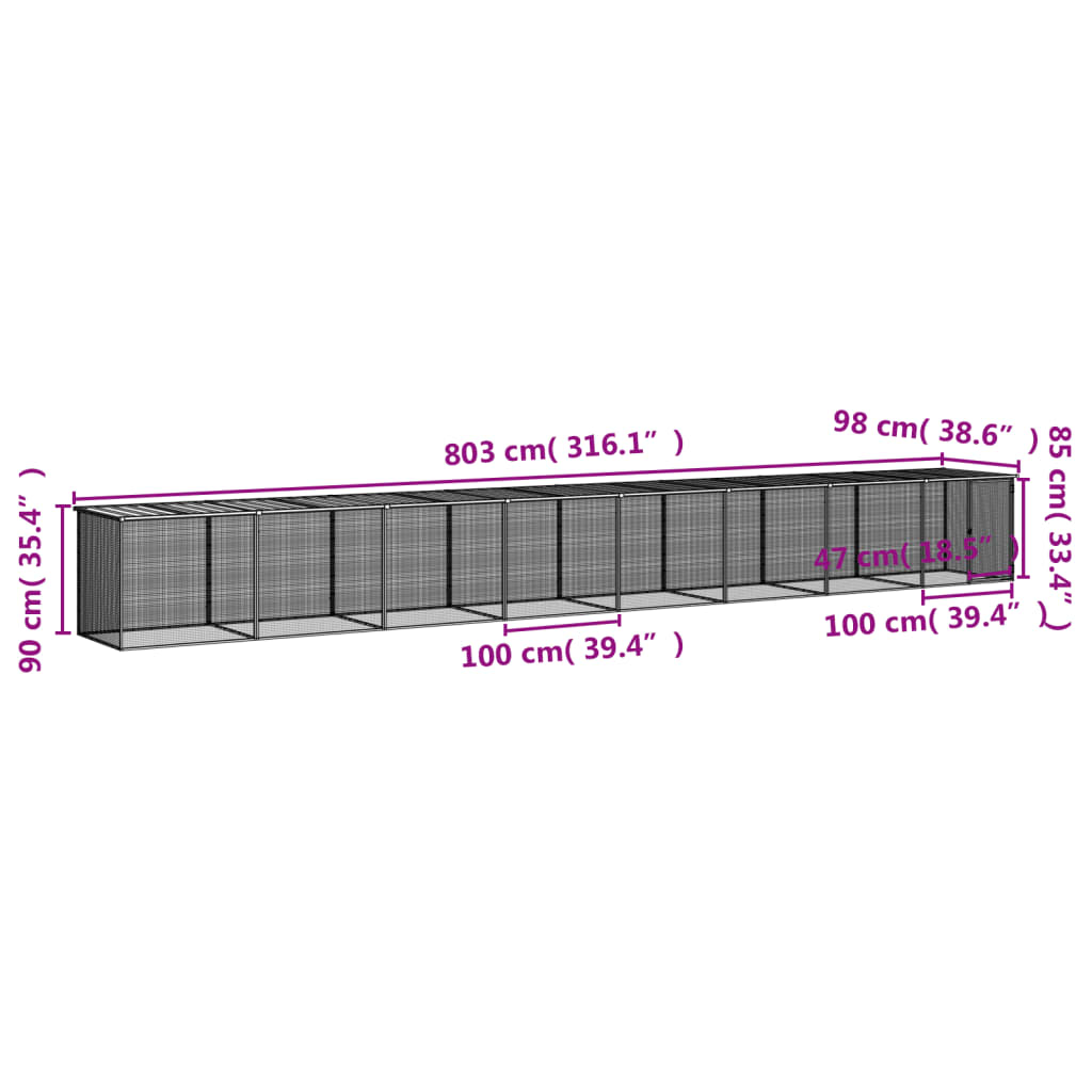 Kippenhok met dak 803x98x90 cm gegalvaniseerd staal lichtgrijs