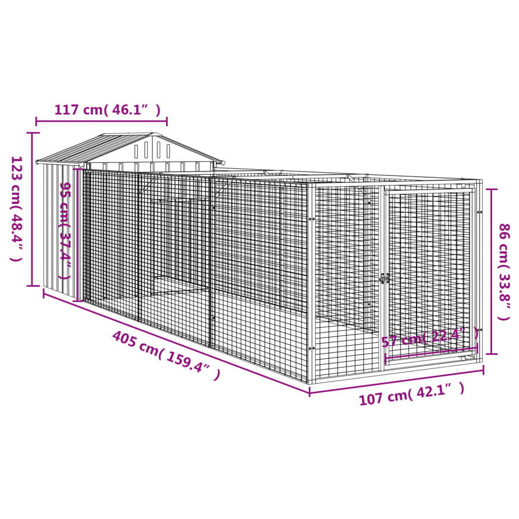 Hondenhok met dak 117x405x123 cm gegalvaniseerd staal antraciet