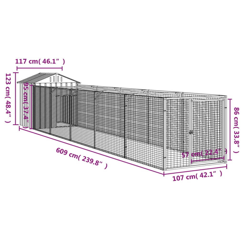 Hondenhok met dak 117x609x123 cm gegalvaniseerd staal antraciet