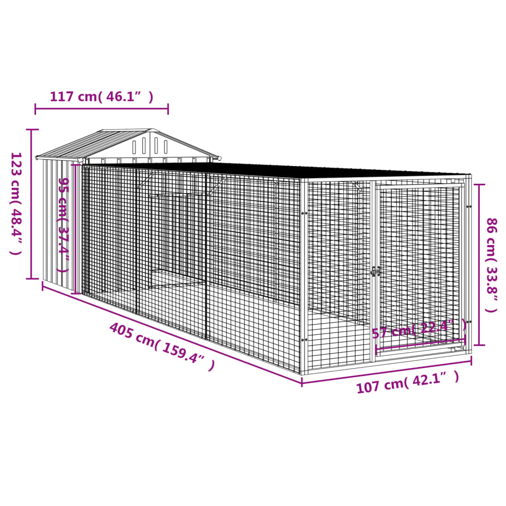 Kippenhok met ren 117x405x123 cm gegalvaniseerd staal antraciet