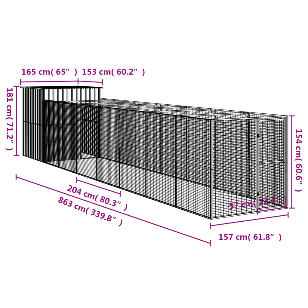 Hondenhok met ren 165x863x181 cm gegalvaniseerd staal antraciet