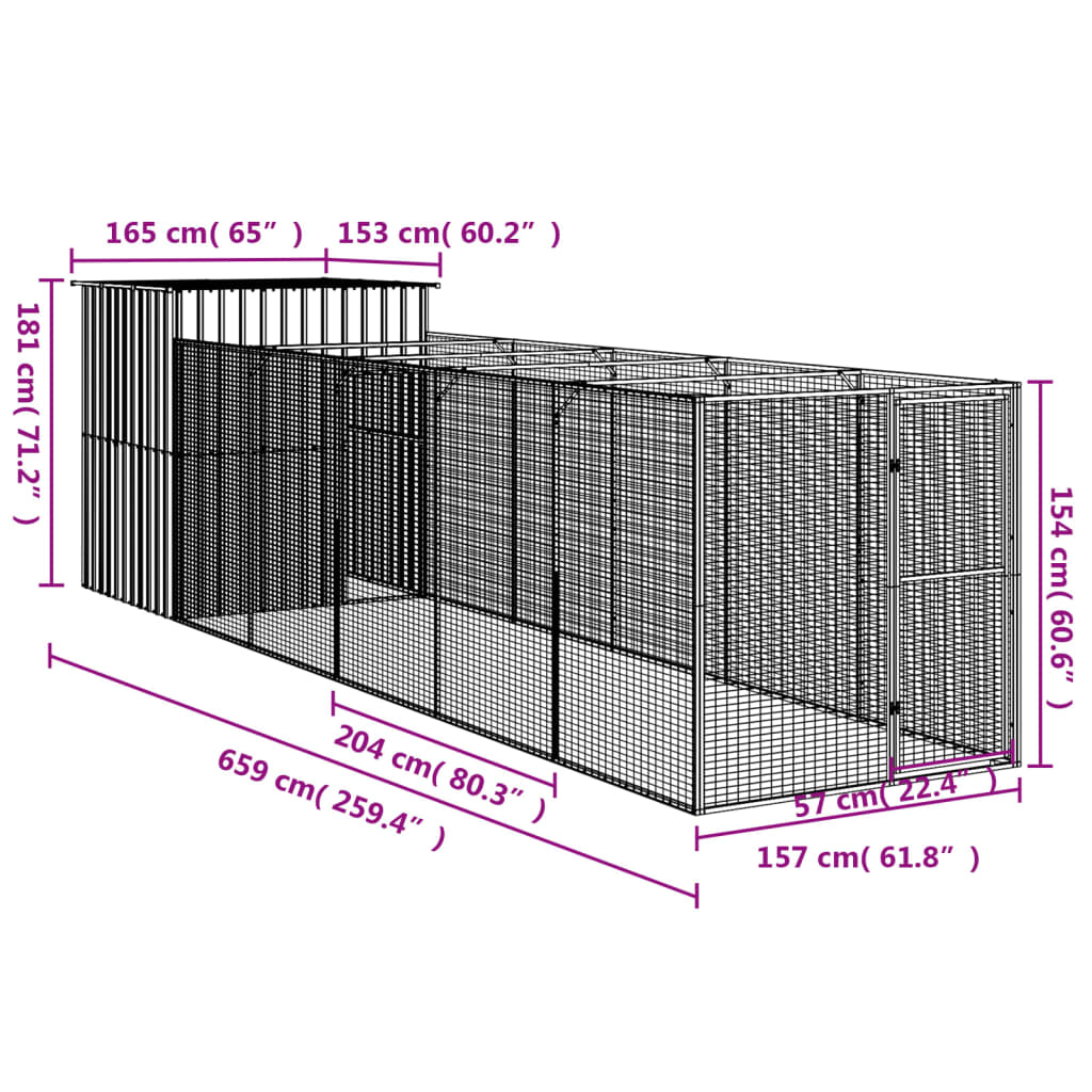 Hondenhok met ren 165x659x181 cm gegalvaniseerd staal grijs