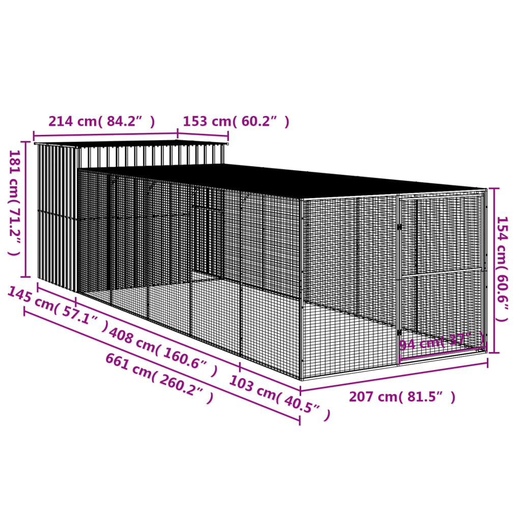 Hondenhok met ren 214x661x181 cm gegalvaniseerd staal antraciet