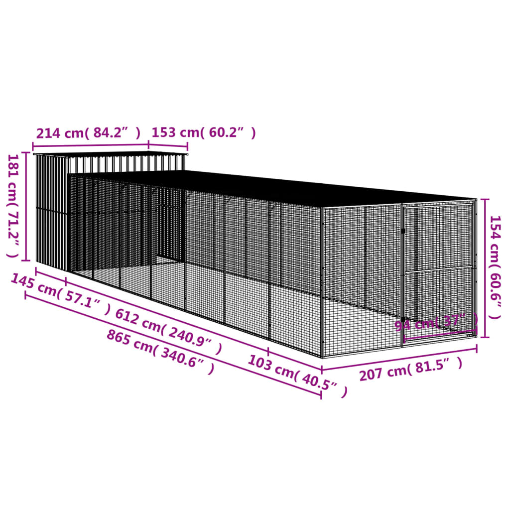 Hondenhok met ren 214x865x181 cm gegalvaniseerd staal antraciet