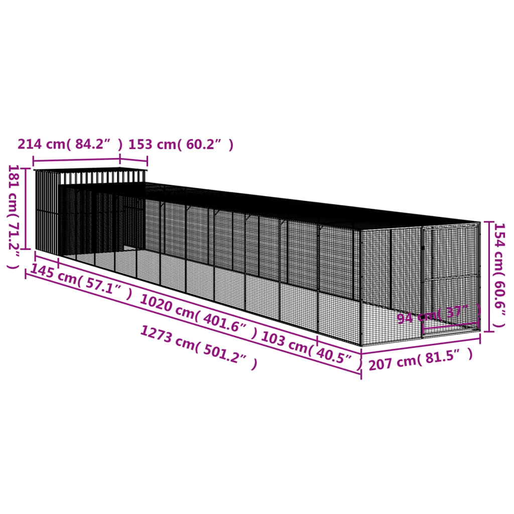 Hondenhok met ren 214x1273x181 cm staal antraciet