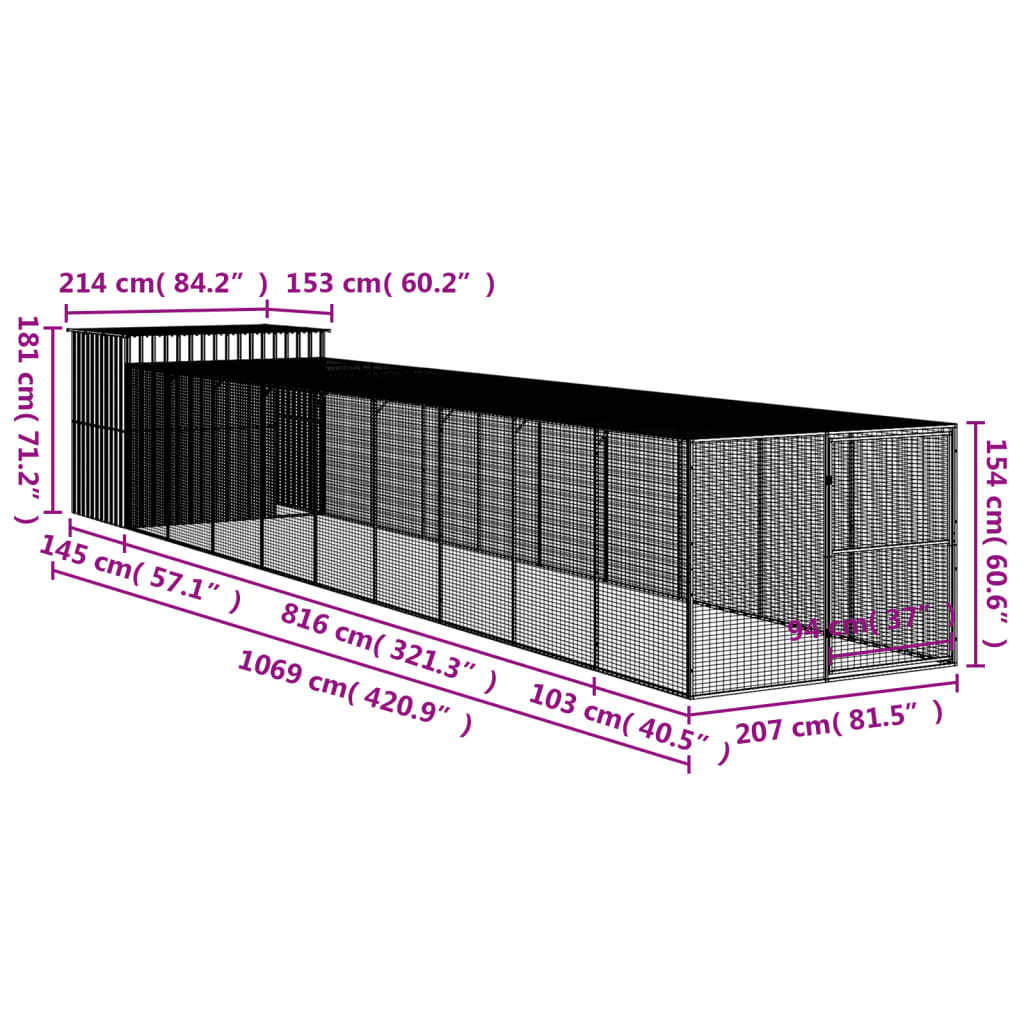 Hondenhok met ren 214x1069x181 cm staal lichtgrijs