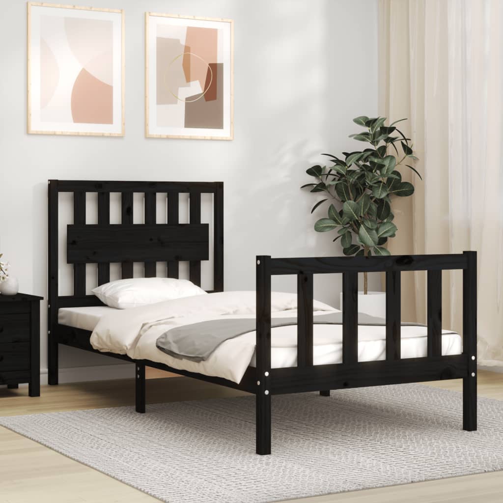 Bedframe met hoofdbord massief hout zwart 90x200 cm