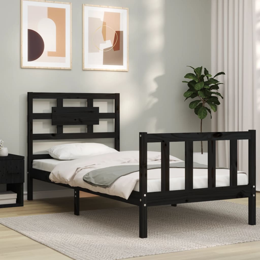 Bedframe met hoofdbord massief hout zwart 90x200 cm