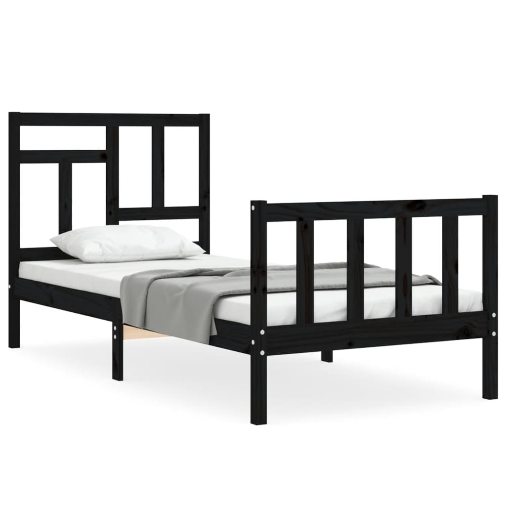 Bedframe met hoofdbord massief hout zwart 90x200 cm