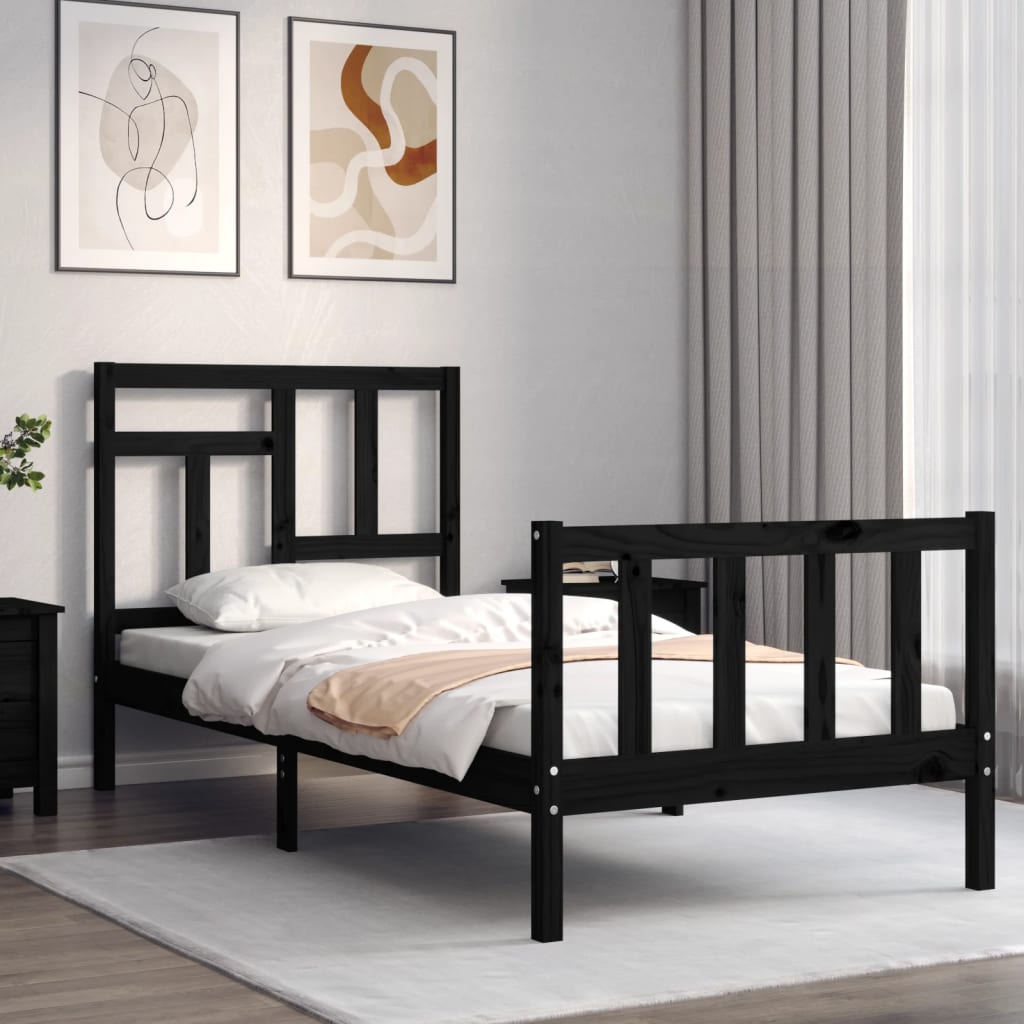 Bedframe met hoofdbord massief hout zwart 90x200 cm