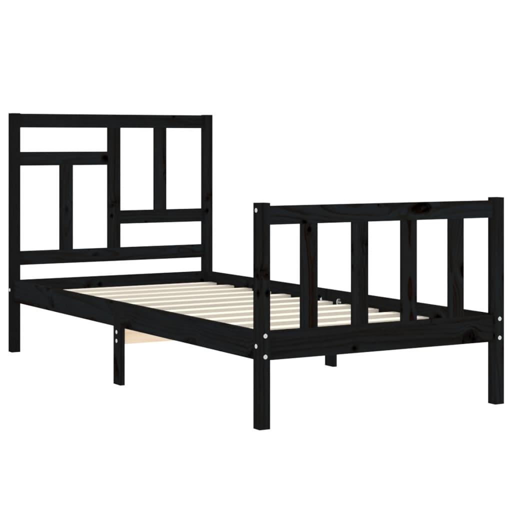 Bedframe met hoofdbord massief hout zwart 90x200 cm