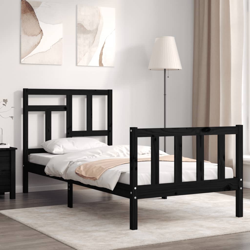Bedframe met hoofdbord massief hout zwart 90x200 cm