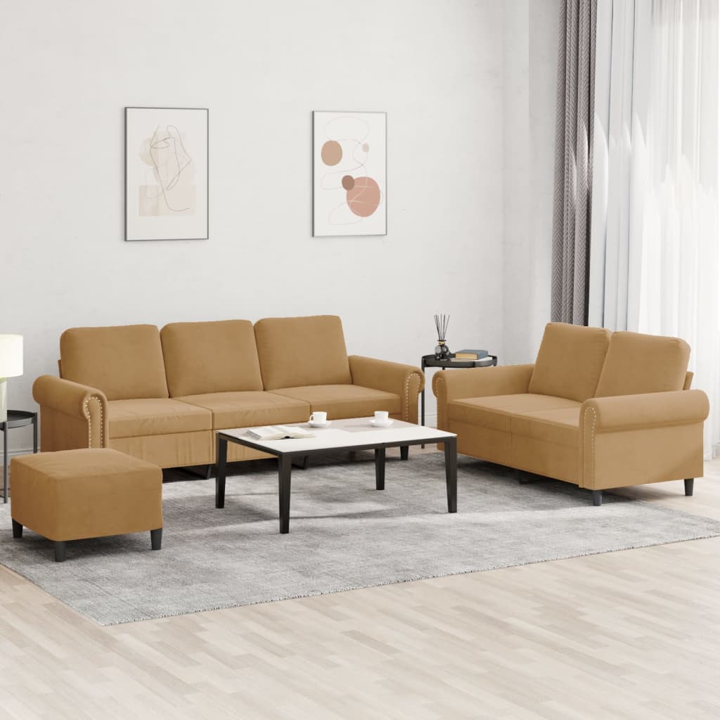 3-delige Loungeset met kussens fluweel bruin