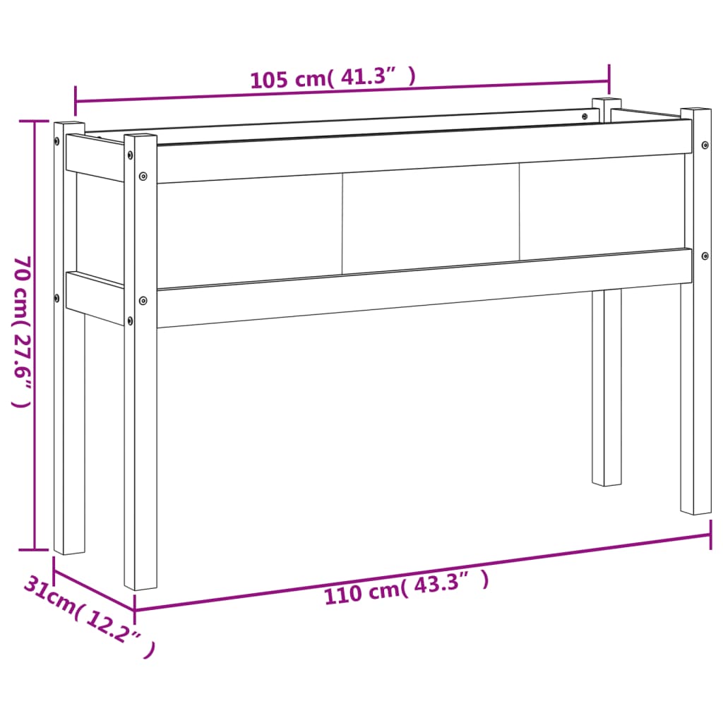 Plantenbak met poten 110x31x70 cm massief grenenhout