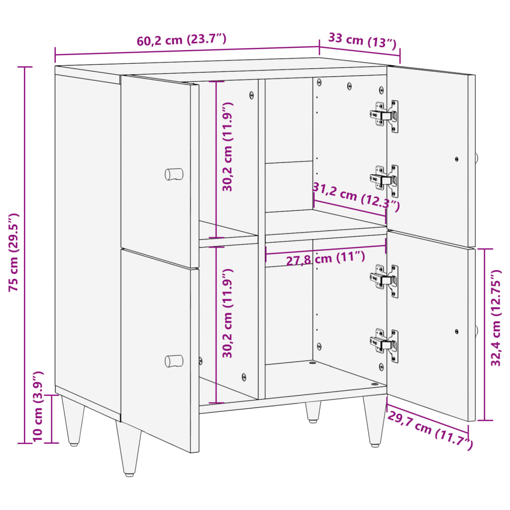 Bijzetkast 60x33x75 cm massief mangohout - AllerleiShop