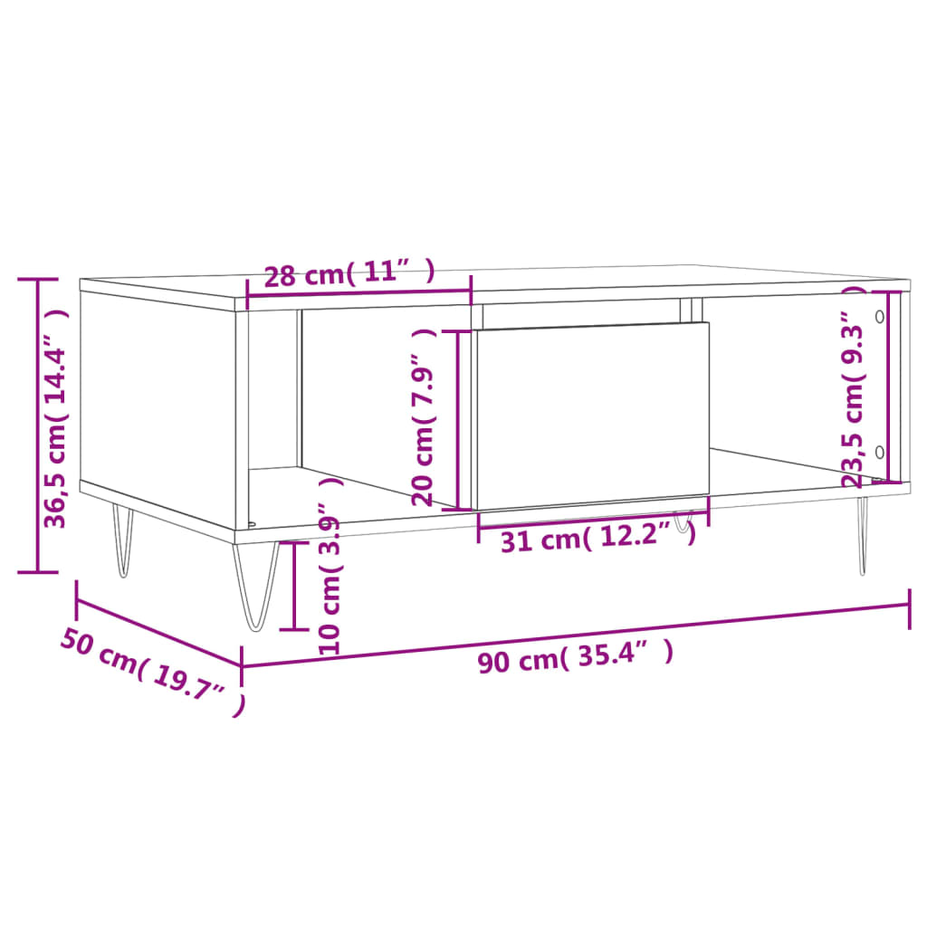 Salontafel 90x50x36,5 cm bewerkt hout wit