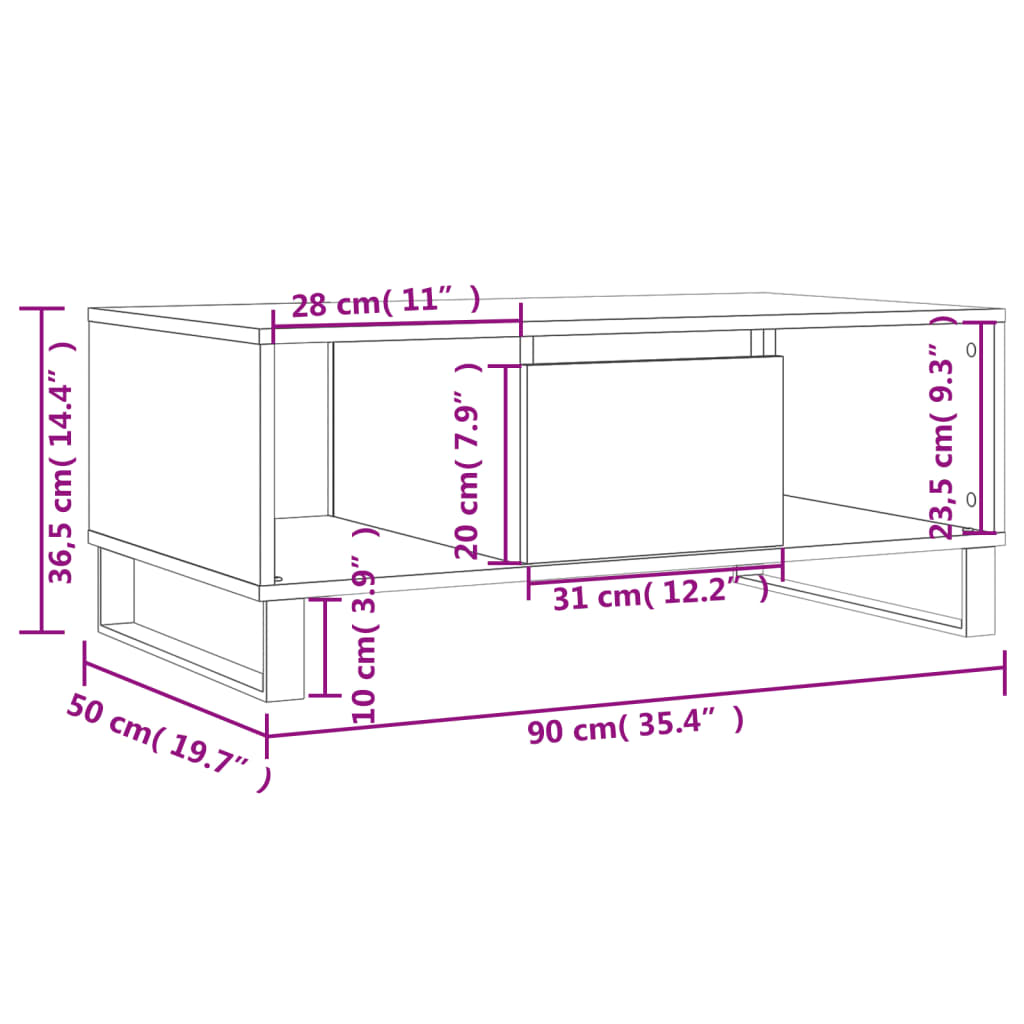 Salontafel 90x50x36,5 cm bewerkt hout bruin eikenkleur