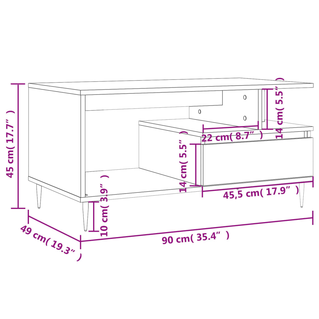 Salontafel 90x49x45 cm bewerkt hout gerookt eikenkleurig