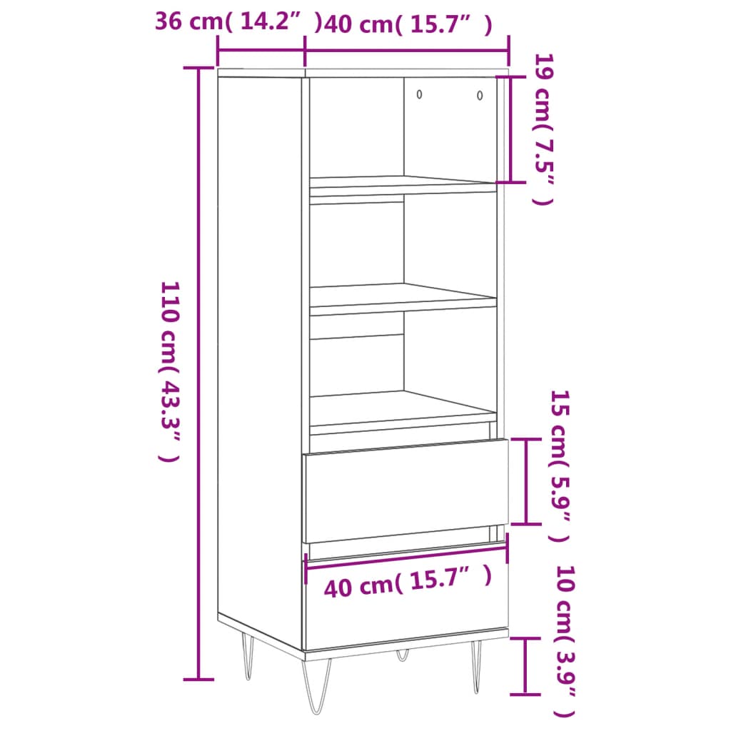 Hoge kast 40x36x110 cm bewerkt hout wit