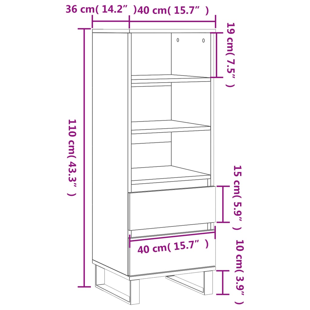 Hoge kast 40x36x110 cm bewerkt hout wit