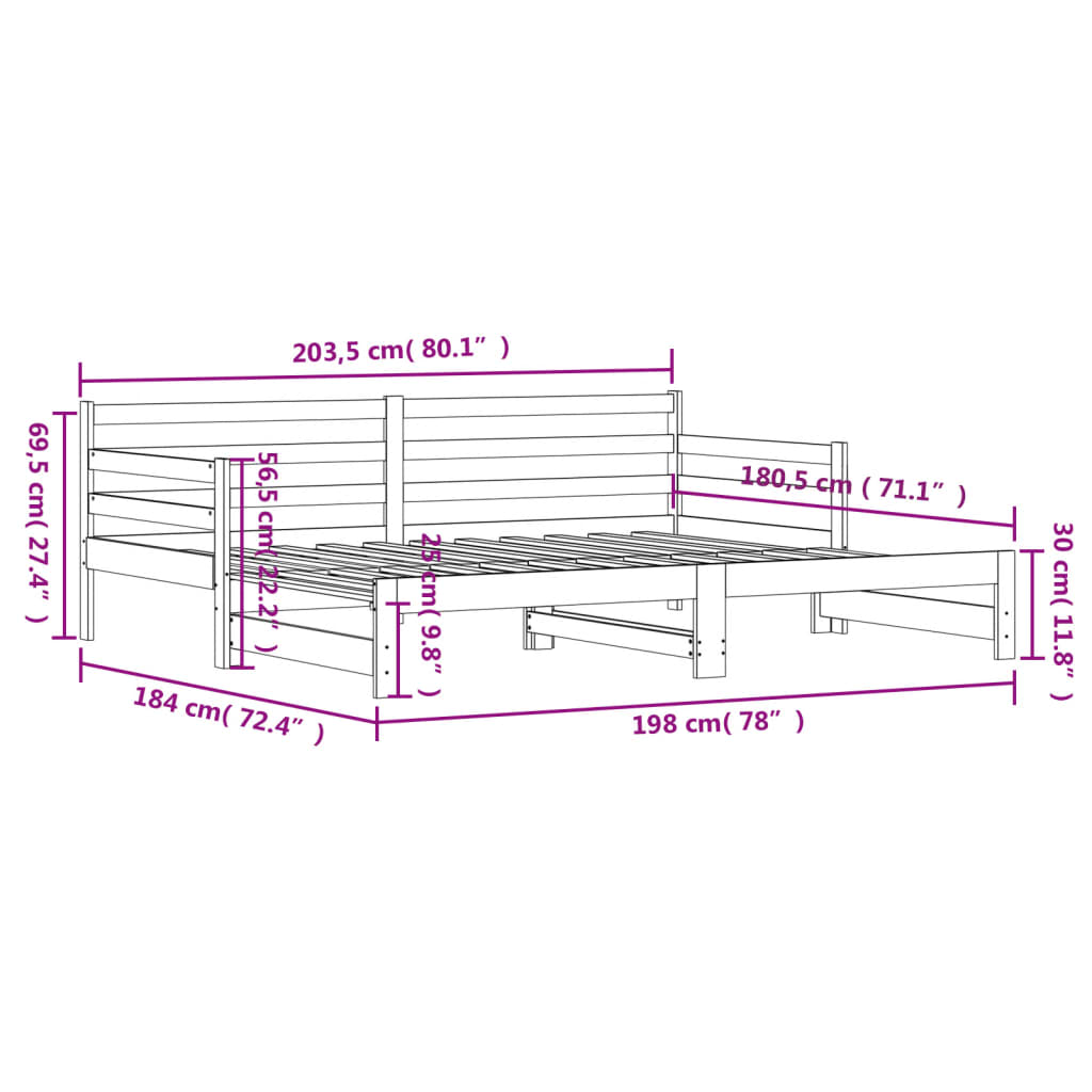 Slaapbank met onderschuifbed 90x200 cm massief grenenhout zwart